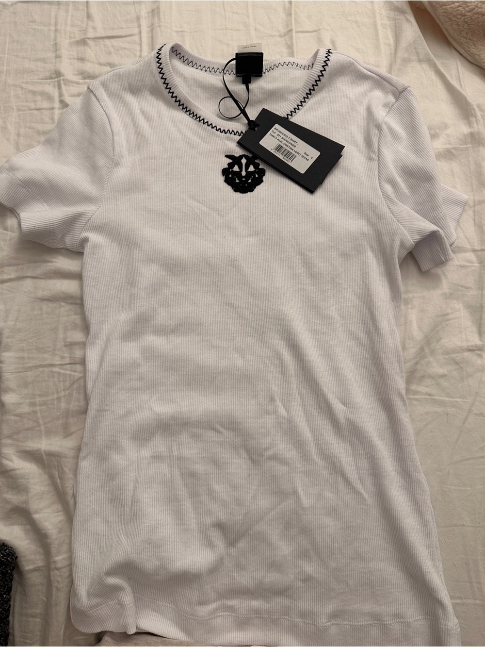 Pinko White Short-Sleeve Ribbed Knit Top with Black Trim NWT
